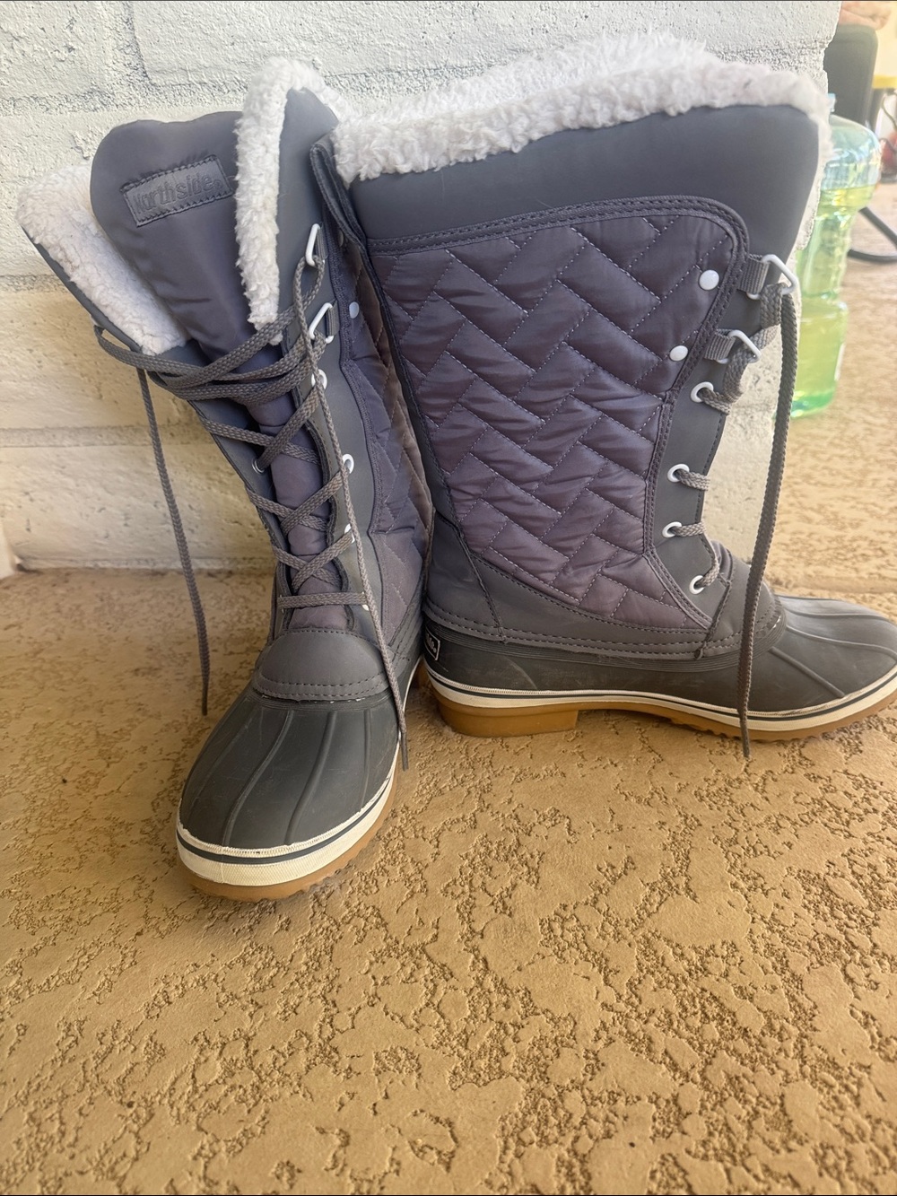 Northside Quilted Gray Lace-Up Winter Boots with Faux Fur Collar